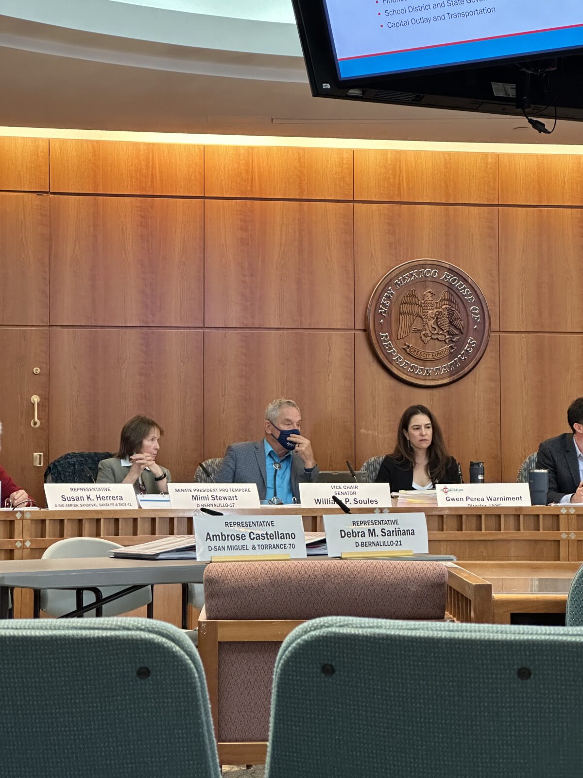 Legislators Listening to Presentation, pictured: Senator Mimi Stewart (left), Vice Chairman William Soules, LESC Director Gwen Warniment (right).